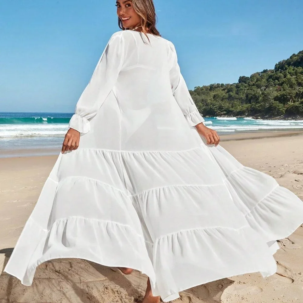 Ruffle Hem Sheer Mesh Kimono top - Picture 2 of 5